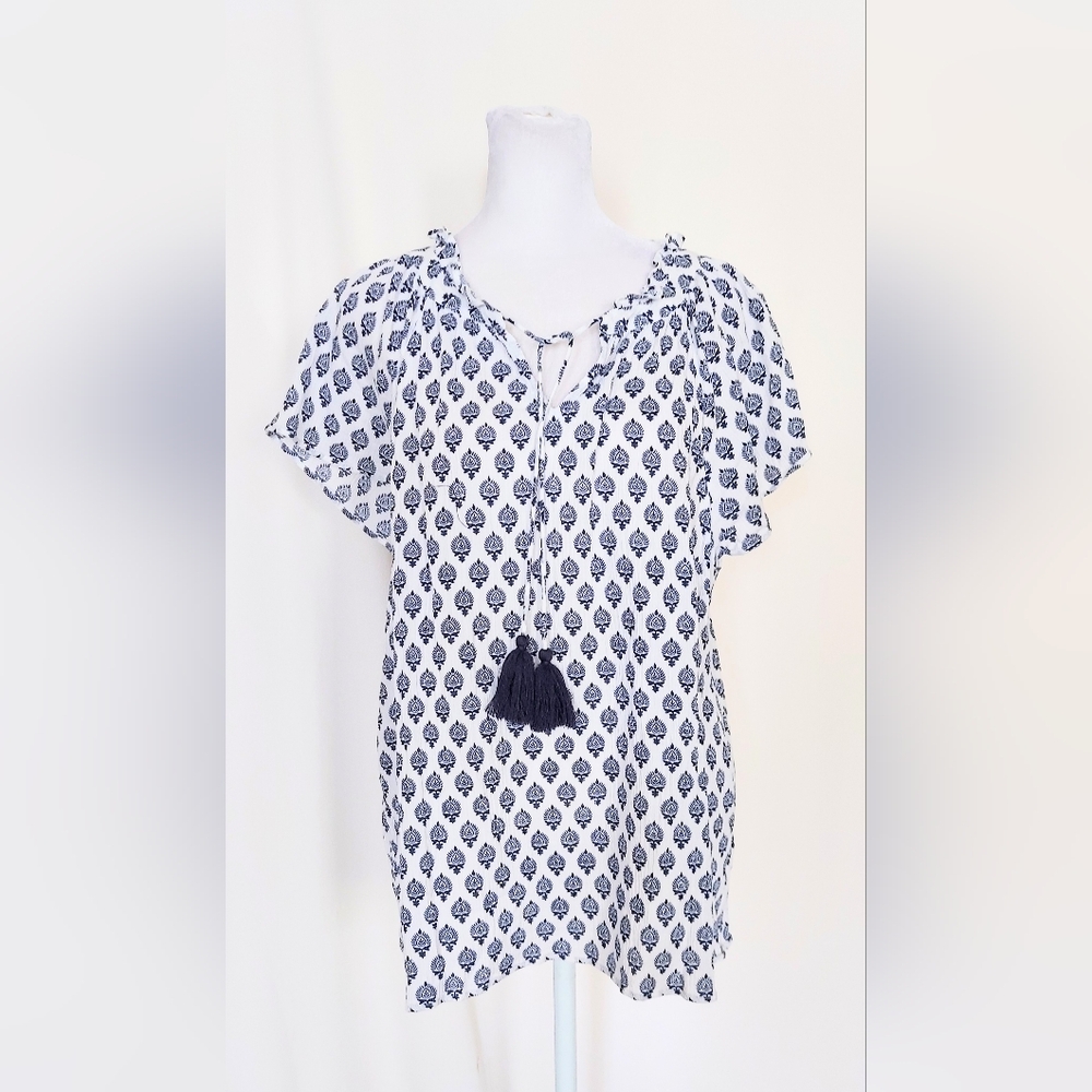 Talbots Petite Ruffle Trim Cotton Fan Foulard Blouse Top Blue White Sz XL Petite